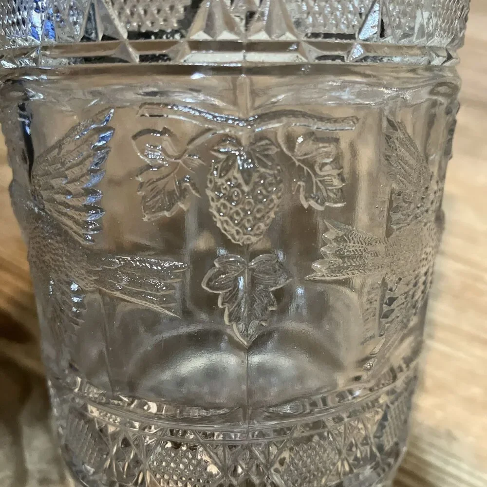 Antique EAPG Indiana Glass Footed Bowl + Creamer Set Birds Strawberries Pattern